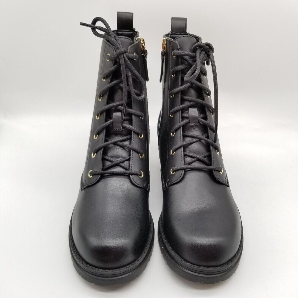 Cole Haan Women Camea Combat Boots Sz 6 B Black Leather Lace Up Ankle Side Zip - Picture 2 of 7